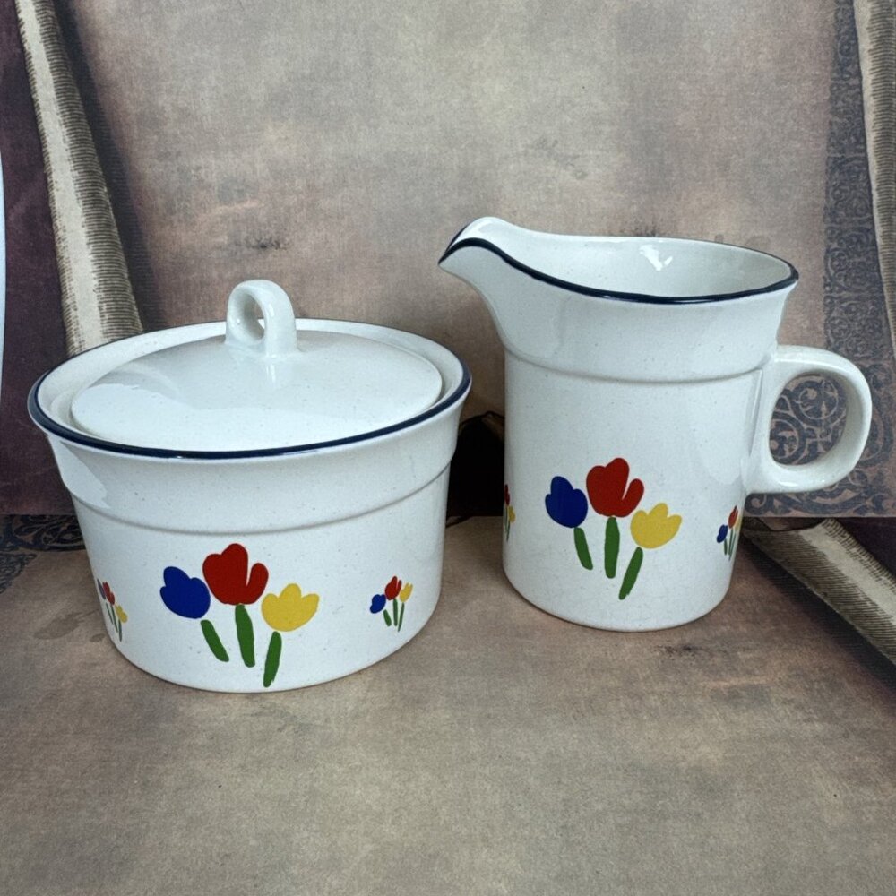 Newcor Stoneware Paradise Sugar Bowl Creamer Floral tulips Japan kitchen vtg 80s